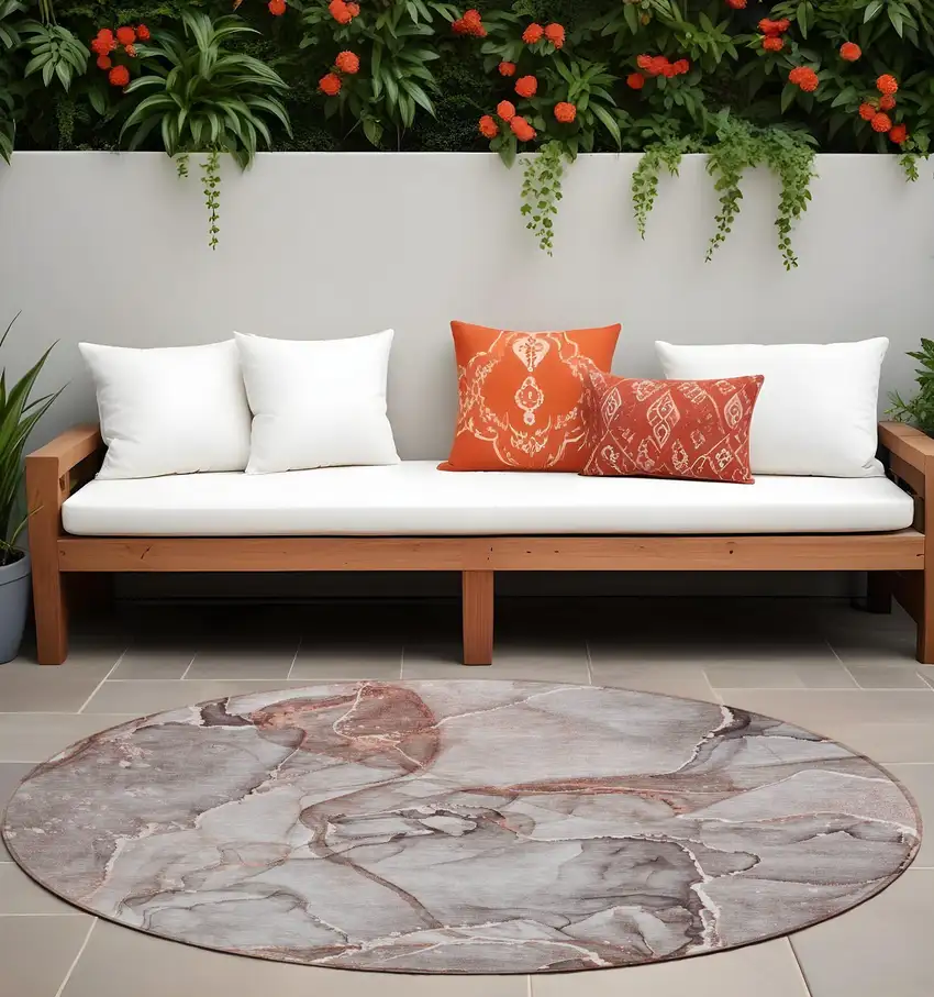 8' Round Gray and Red Round Abstract Washable Non Skid Indoor Outdoor Area Rug Photo 1