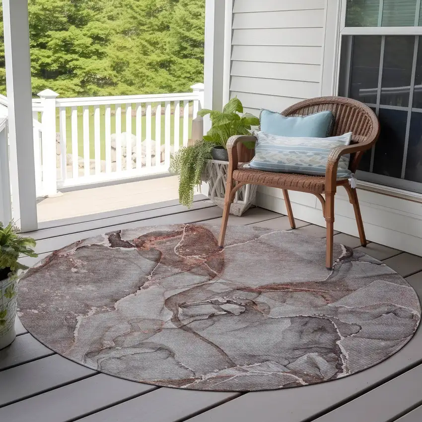 8' Round Gray and Red Round Abstract Washable Non Skid Indoor Outdoor Area Rug Photo 8