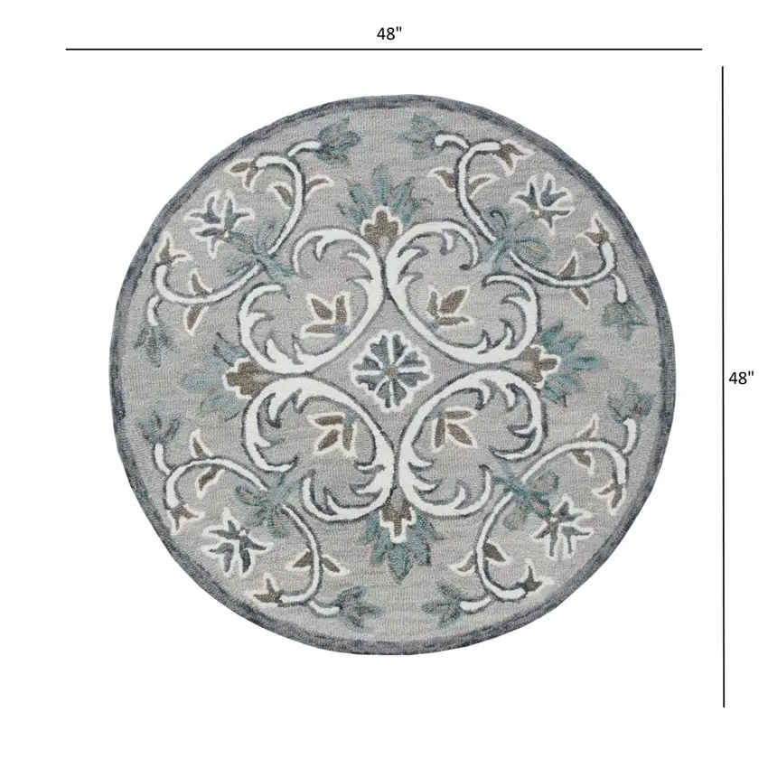 4' Round Gray and White Filigree Area Rug Photo 6
