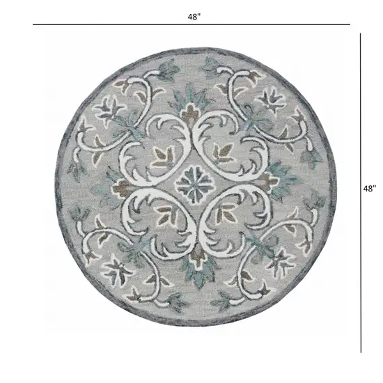 4' Round Gray and White Filigree Area Rug Photo 6