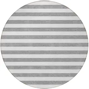 Photo of 8' Round Gray and White Round Striped Washable Non Skid Indoor Outdoor Area Rug