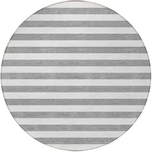 Photo of 8' Round Gray and White Round Striped Washable Non Skid Indoor Outdoor Area Rug