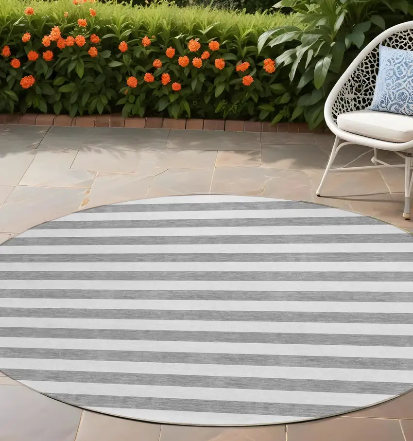 Gray and White Round Striped Washable Non Skid Indoor Outdoor Area Rug Photo 1
