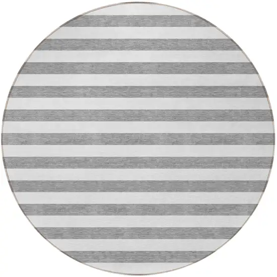 8' Round Gray and White Round Striped Washable Non Skid Indoor Outdoor Area Rug Photo 5