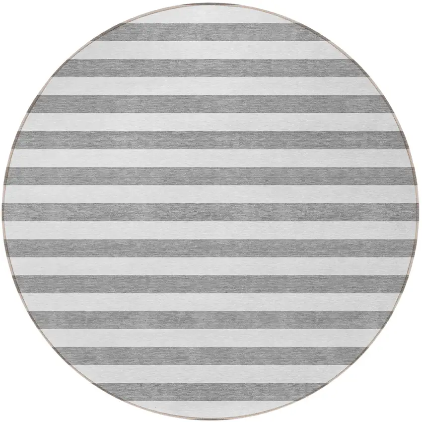 8' Round Gray and White Round Striped Washable Non Skid Indoor Outdoor Area Rug Photo 5
