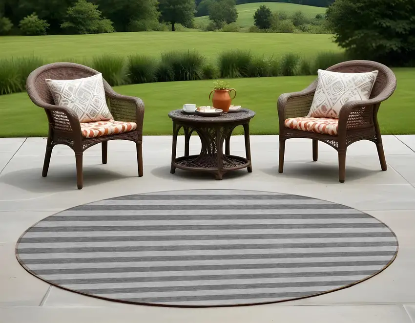 Gray and White Round Striped Washable Non Skid Indoor Outdoor Area Rug Photo 1