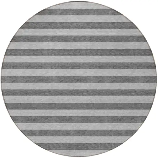 Gray and White Round Striped Washable Non Skid Indoor Outdoor Area Rug Photo 4