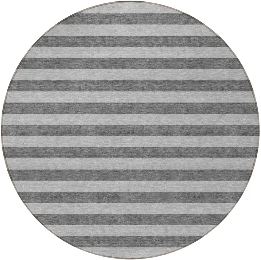 8' Round Gray and White Round Striped Washable Non Skid Indoor Outdoor Area Rug Photo 4