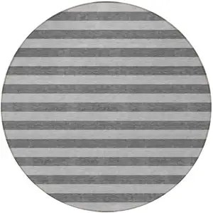 Photo of 8' Round Gray and White Round Striped Washable Non Skid Indoor Outdoor Area Rug