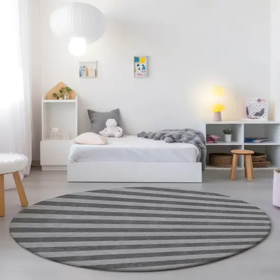 Gray and White Round Striped Washable Non Skid Indoor Outdoor Area Rug Photo 9