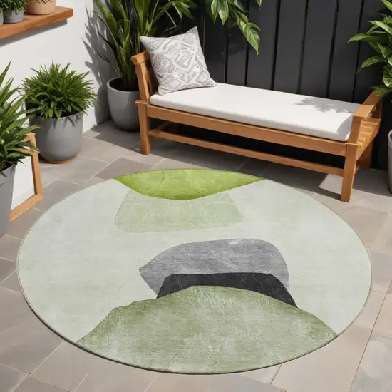 Green Black and Gray Round Abstract Washable Non Skid Indoor Outdoor Area Rug Photo 1
