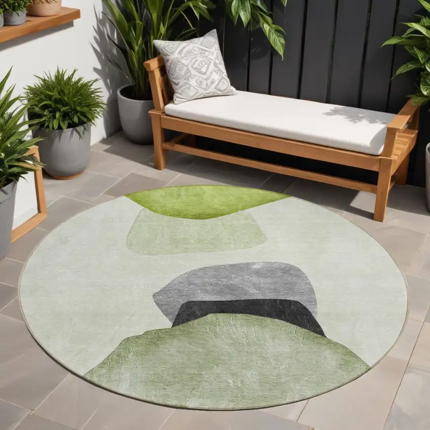 Green Black and Gray Round Abstract Washable Non Skid Indoor Outdoor Area Rug Photo 1