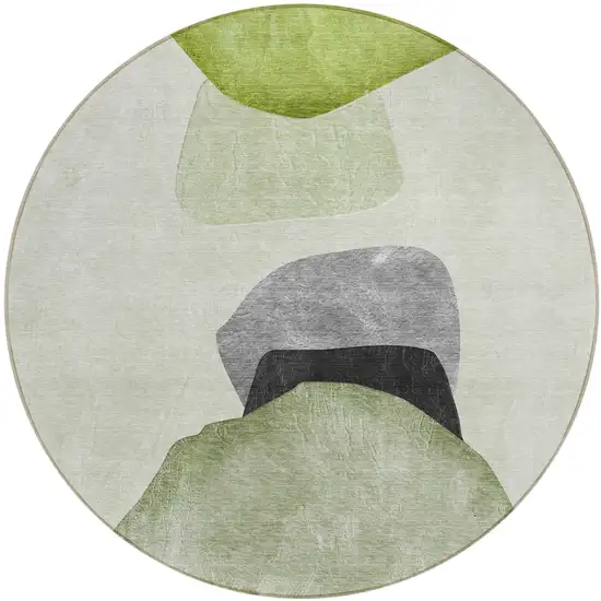 Green Black and Gray Round Abstract Washable Non Skid Indoor Outdoor Area Rug Photo 2
