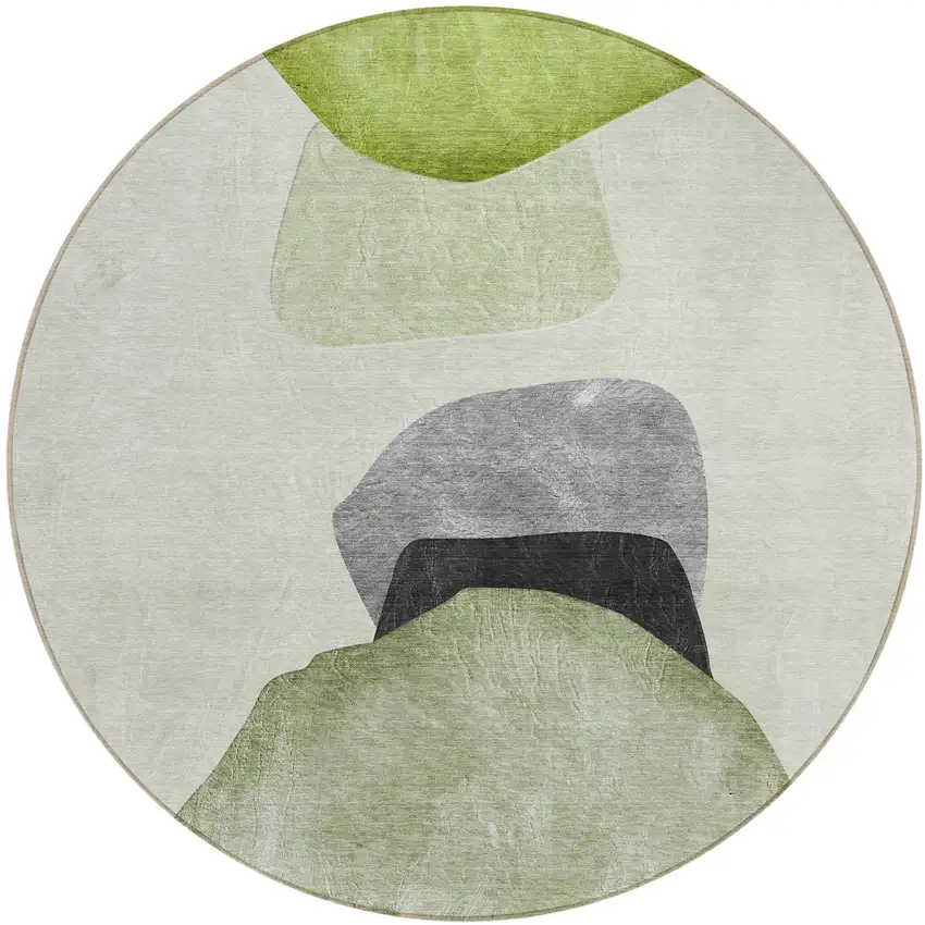 Green Black and Gray Round Abstract Washable Non Skid Indoor Outdoor Area Rug Photo 2
