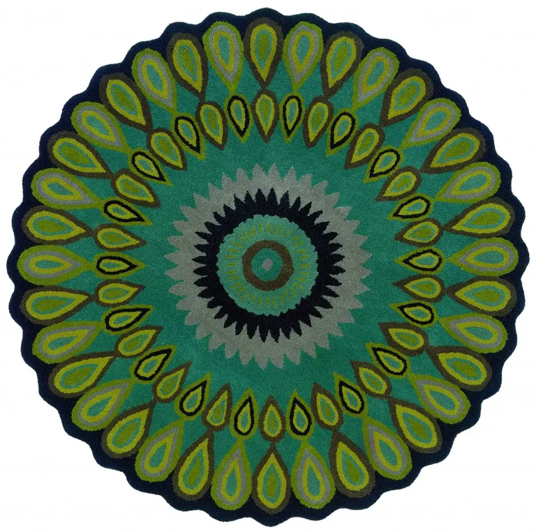 5' Round Green Peacock Feather Area Rug Photo 1