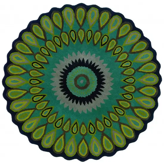 5' Round Green Peacock Feather Area Rug Photo 1