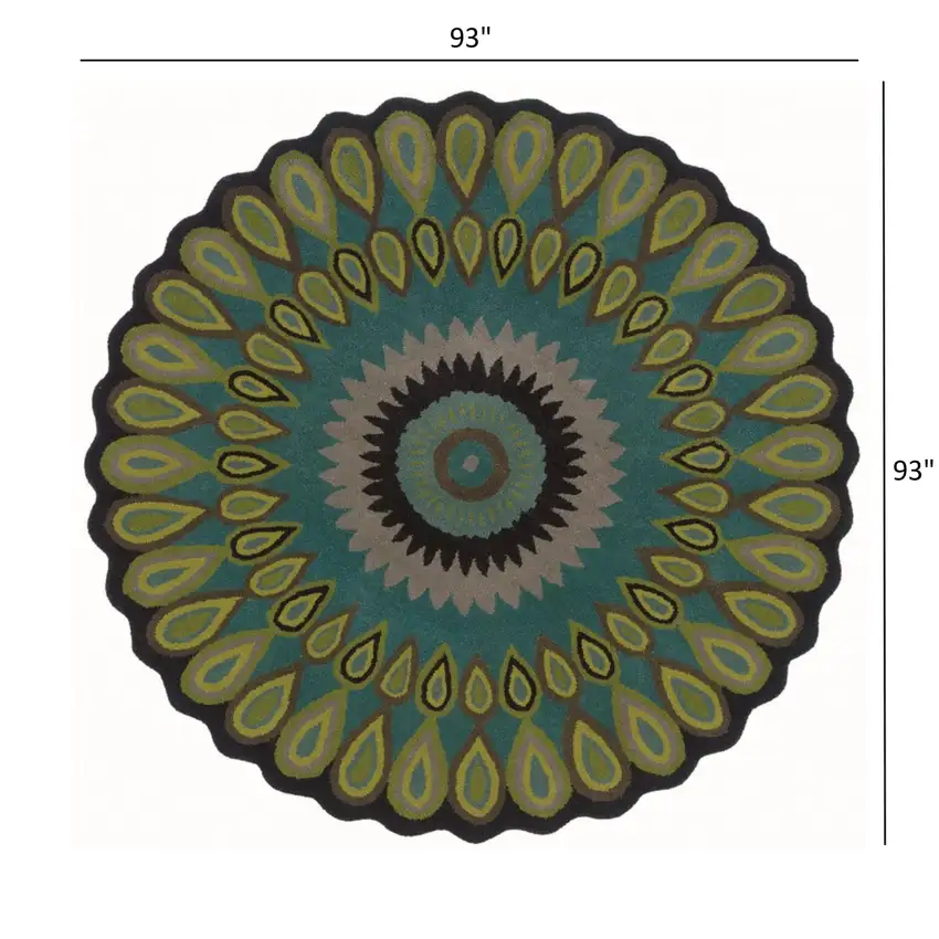 8' Round Green Peacock Feather Area Rug Photo 5