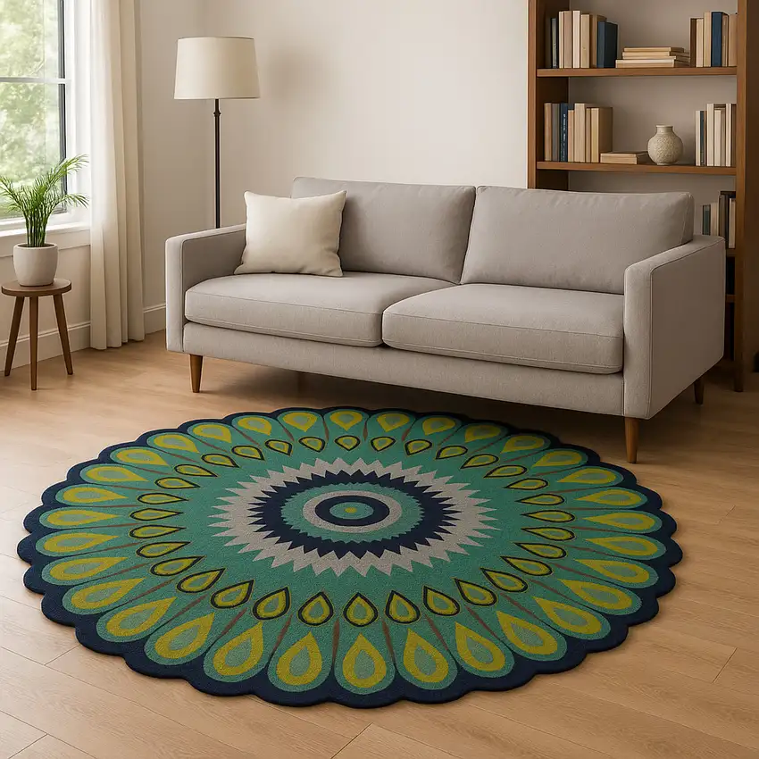 8' Green Wool Hand Tufted Round Rug Photo 2