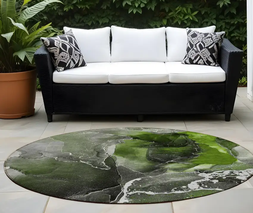 8' Round Green Round Abstract Washable Non Skid Indoor Outdoor Area Rug Photo 1