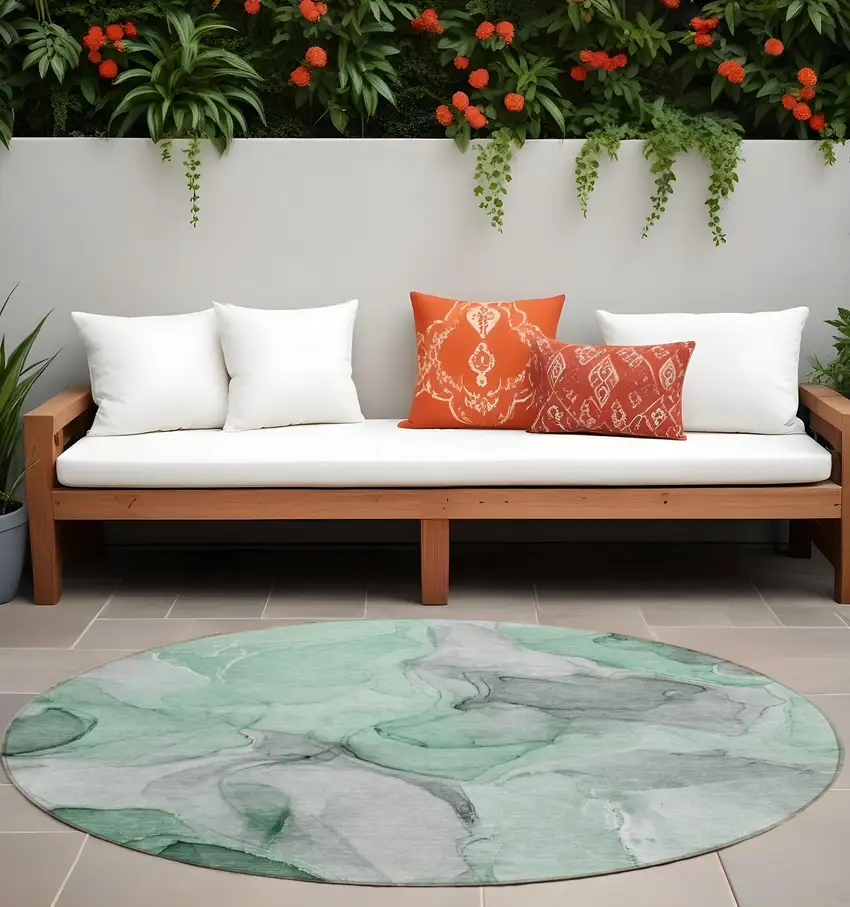 8' Round Green Round Abstract Washable Non Skid Indoor Outdoor Area Rug Photo 1