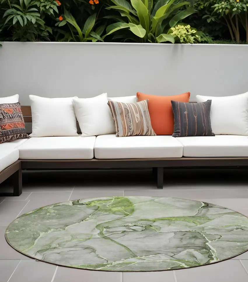 Green Round Abstract Washable Non Skid Indoor Outdoor Area Rug Photo 1