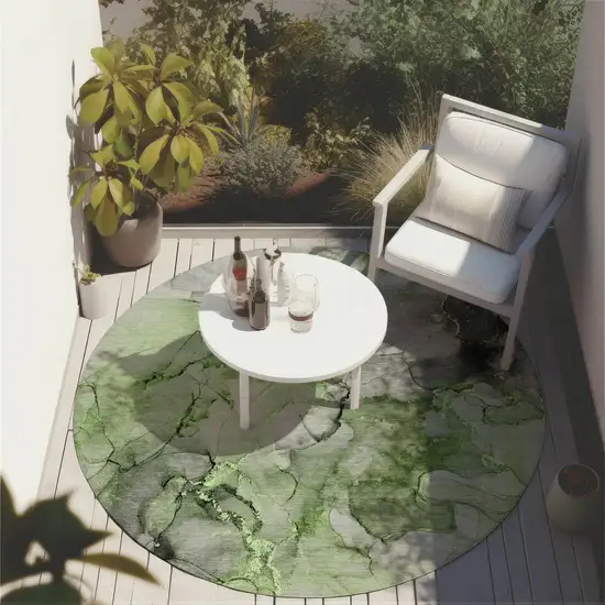 Green Round Abstract Washable Non Skid Indoor Outdoor Area Rug Photo 8
