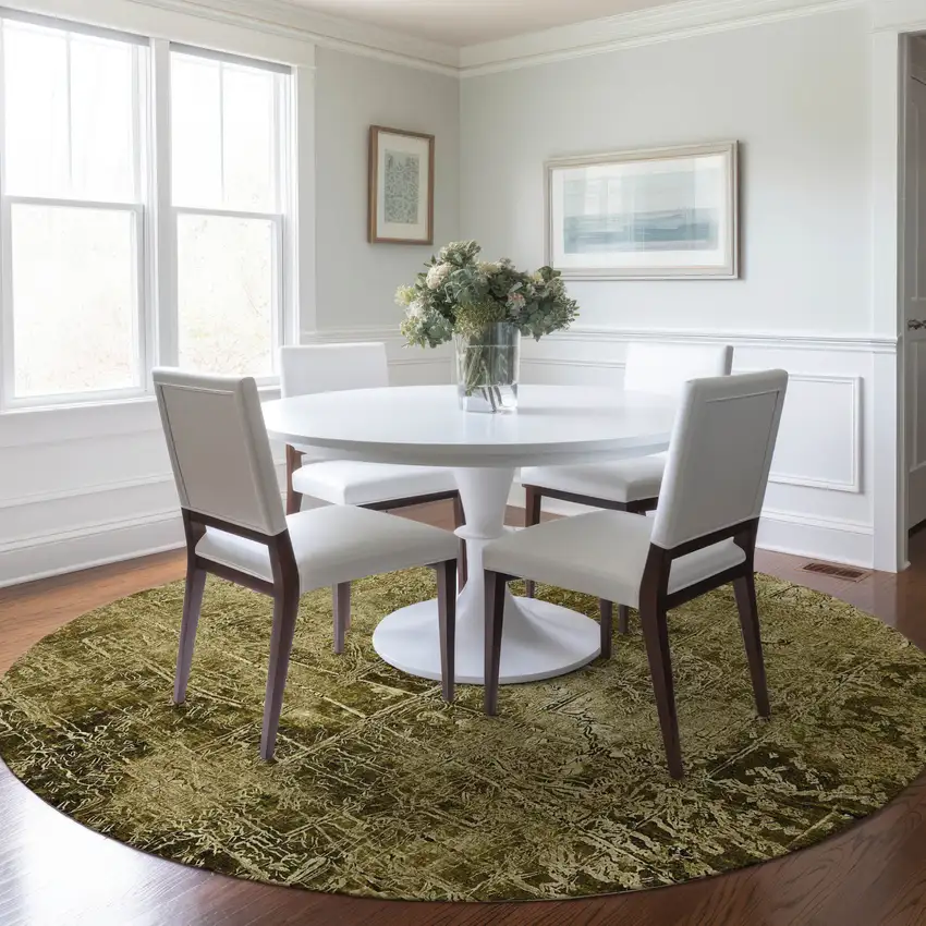 Green Round Abstract Washable Non Skid Indoor Outdoor Area Rug Photo 9