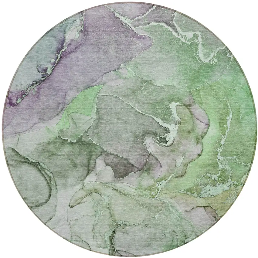 Green Round Abstract Washable Non Skid Indoor Outdoor Area Rug Photo 2