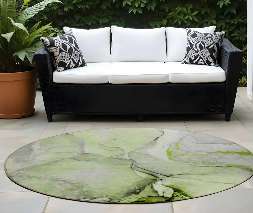 8' Round Green Round Abstract Washable Non Skid Indoor Outdoor Area Rug Photo 1