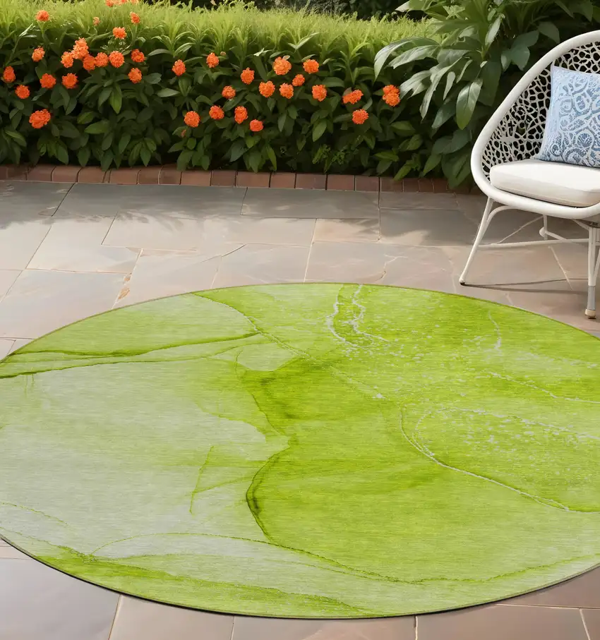 Green Round Abstract Washable Non Skid Indoor Outdoor Area Rug Photo 1