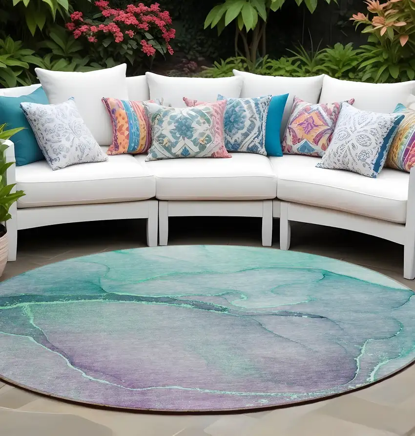 Green Round Abstract Washable Non Skid Indoor Outdoor Area Rug Photo 1