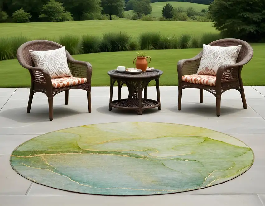 8' Round Green Round Abstract Washable Non Skid Indoor Outdoor Area Rug Photo 1