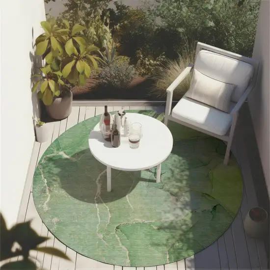 Green Round Abstract Washable Non Skid Indoor Outdoor Area Rug Photo 8
