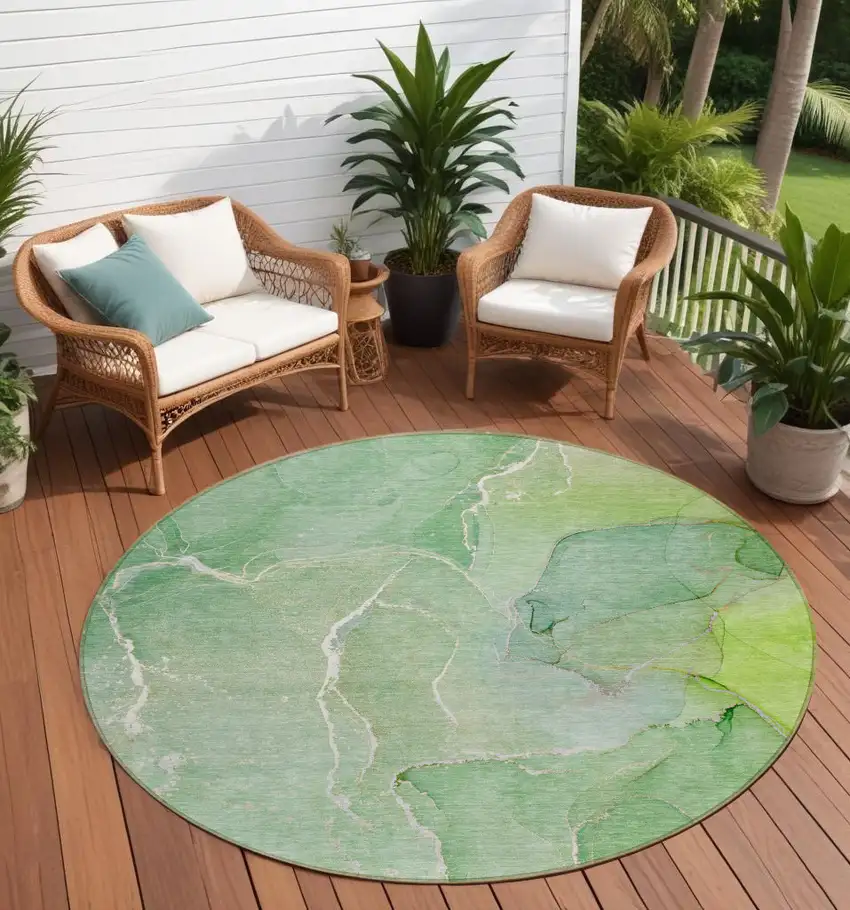 Green Round Abstract Washable Non Skid Indoor Outdoor Area Rug Photo 1
