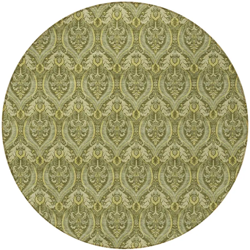 Green Round Damask Washable Non Skid Indoor Outdoor Area Rug Photo 4
