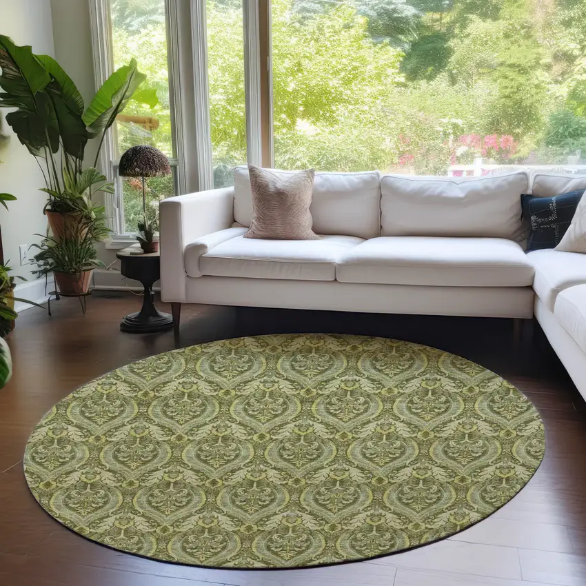 Green Round Damask Washable Non Skid Indoor Outdoor Area Rug Photo 9