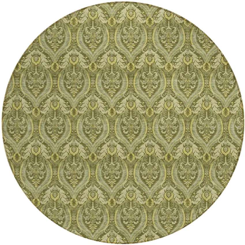 Green Round Damask Washable Non Skid Indoor Outdoor Area Rug Photo 2