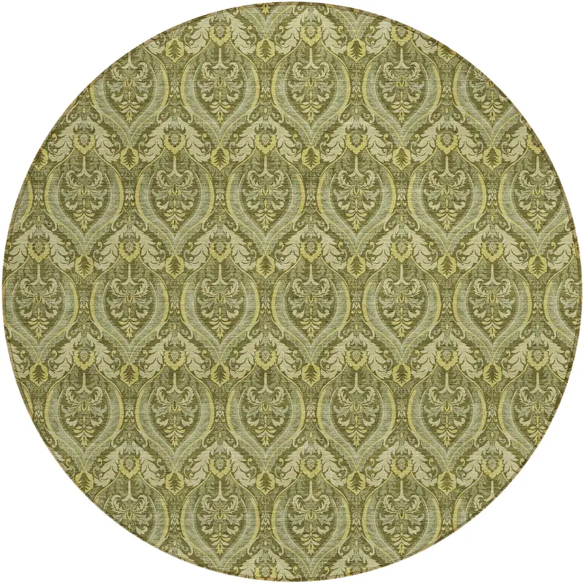 Green Round Damask Washable Non Skid Indoor Outdoor Area Rug Photo 2