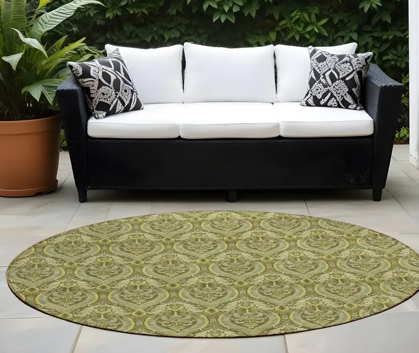 8' Round Green Round Damask Washable Non Skid Indoor Outdoor Area Rug Photo 1