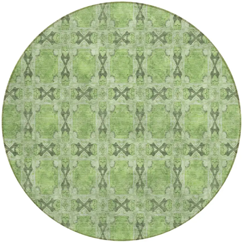 8' Round Green Round Floral Medallion Washable Non Skid Indoor Outdoor Area Rug Photo 2