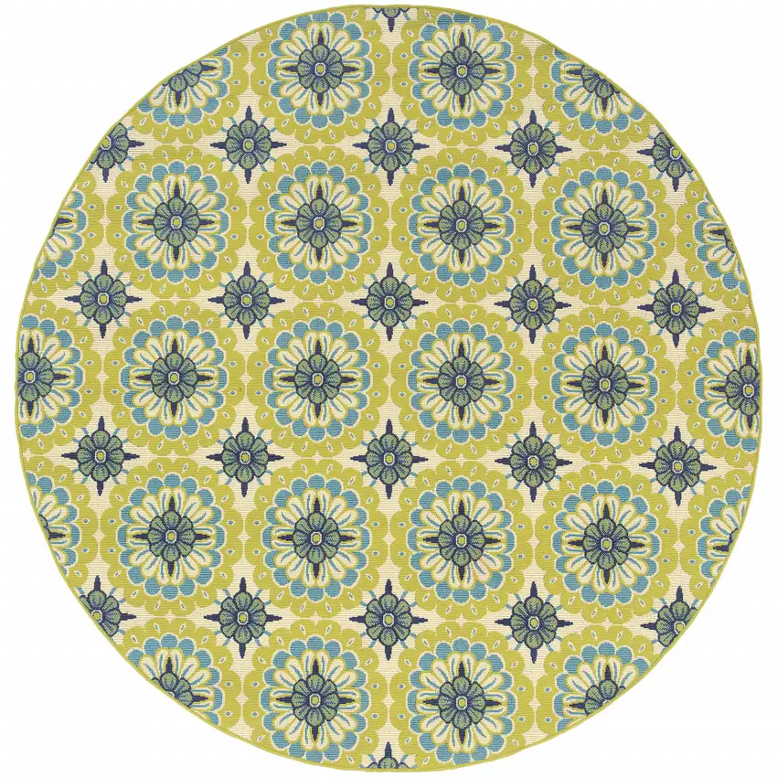 8' Round Green Round Floral Stain Resistant Indoor Outdoor Area Rug Photo 1