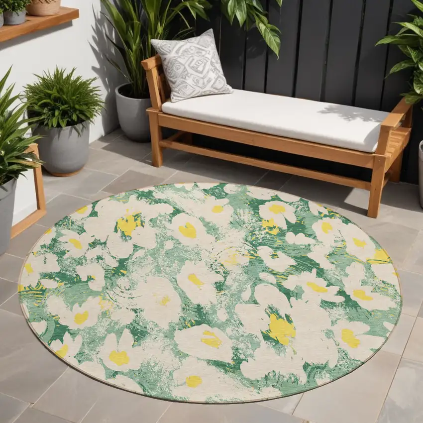 Green Round Floral Washable Non Skid Indoor Outdoor Area Rug Photo 1