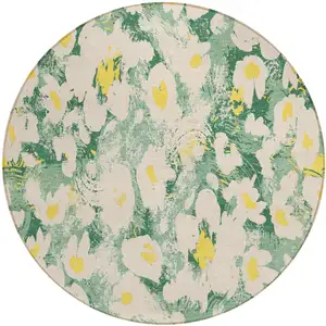 Photo of 8' Round Green Round Floral Washable Non Skid Indoor Outdoor Area Rug