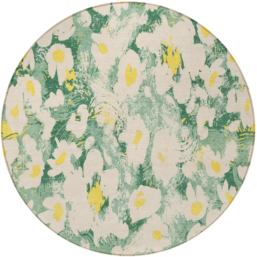 Green Round Floral Washable Non Skid Indoor Outdoor Area Rug Photo 4