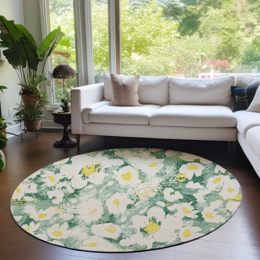 Green Round Floral Washable Non Skid Indoor Outdoor Area Rug Photo 9