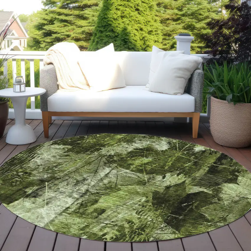 8' Round Green Round Floral Washable Non Skid Indoor Outdoor Area Rug Photo 8