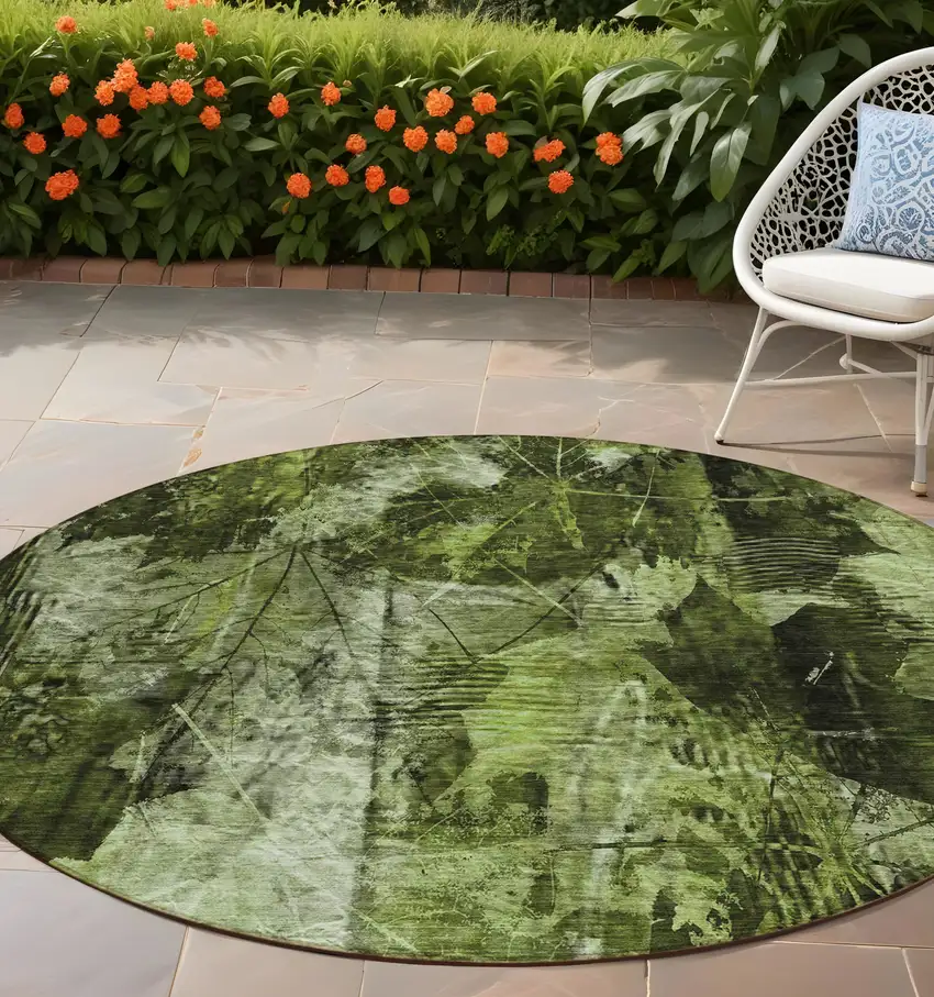 Green Round Floral Washable Non Skid Indoor Outdoor Area Rug Photo 1