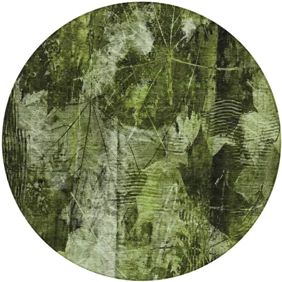 Green Round Floral Washable Non Skid Indoor Outdoor Area Rug Photo 2