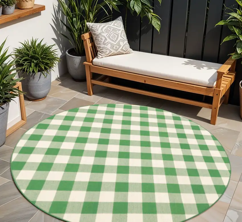 Green and Ivory Round Geometric Stain Resistant Indoor Outdoor Area Rug Photo 1