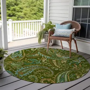 Photo of 8' Round Green Round Paisley Washable Non Skid Indoor Outdoor Area Rug